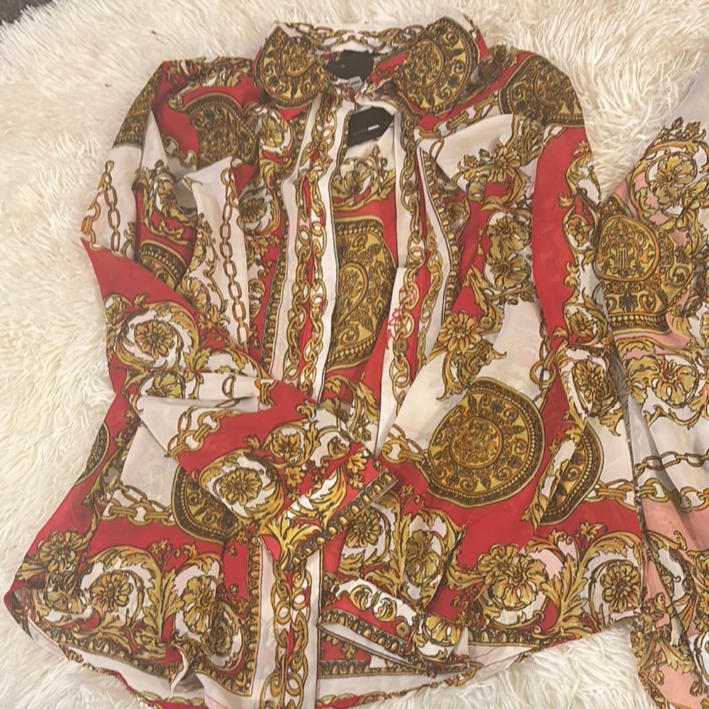 Red and Gold Baroque Print Blouse